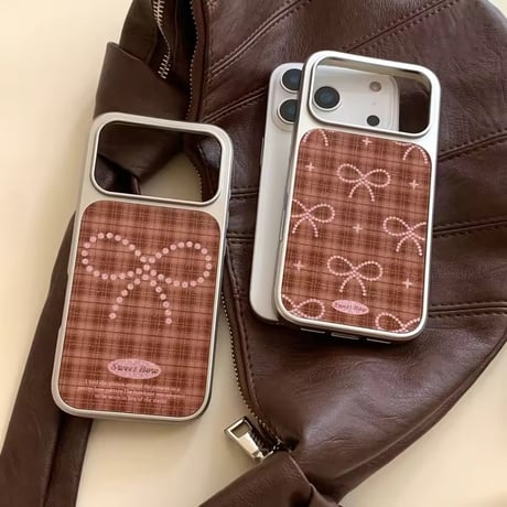 ブラウンチェック柄リボンiPhoneケース