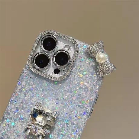 オールキラキラネコちゃんシルエットリボン付きiPhoneケース