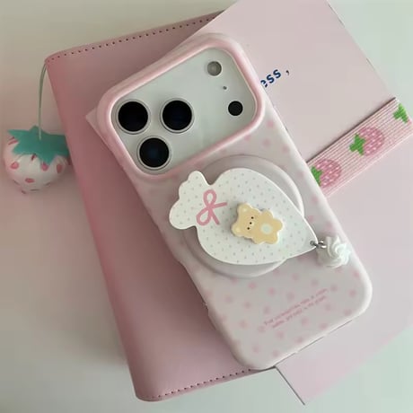 【iPhone17対応】生クリーム絞りグリップピンクドットiPhoneケース