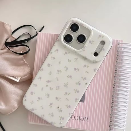 【iPhone17対応】ハートスクエアミラーグリップ付き小花柄iPhoneケース