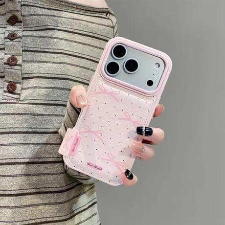 【iPhone17対応】pink×ヒョウ柄&ドットリボンiPhoneケース
