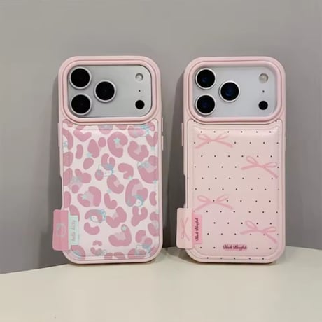 【iPhone17対応】pink×ヒョウ柄&ドットリボンiPhoneケース
