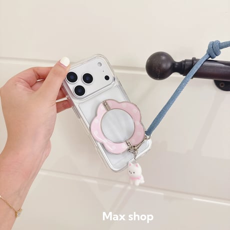【iPhone17対応】おはな折りたたみスタンドわんちゃんチャーム付きiPhoneケース