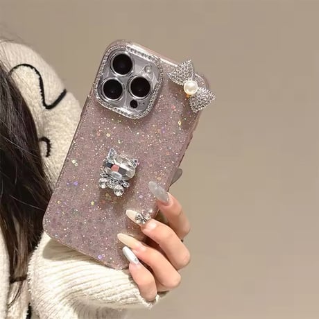 オールキラキラネコちゃんシルエットリボン付きiPhoneケース