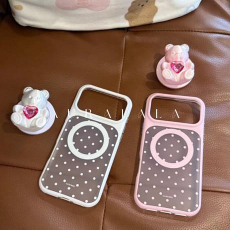 【iPhone17対応】3Dくまさんハートビジュー💗ドットiPhoneケース