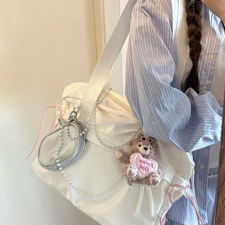 レースアップボストンバッグ🎀パールチェーン&リボンポーチセット