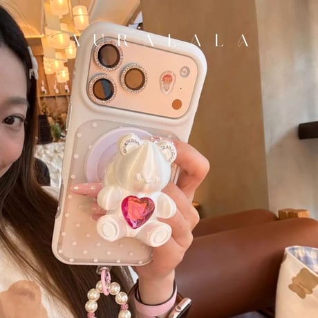 【iPhone17対応】3Dくまさんハートビジュー💗ドットiPhoneケース