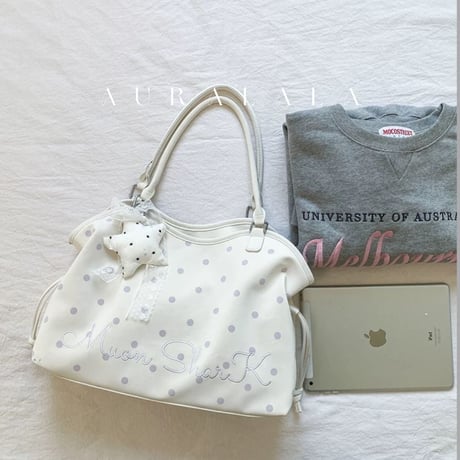 ドット柄レタリング刺繍トートバッグ/PCバッグ/通学バッグ/通勤バッグ