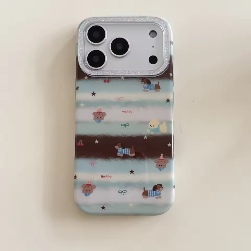 iPhone17対応】韓国チョコミントカラーボーダーわんちゃんイラスト
