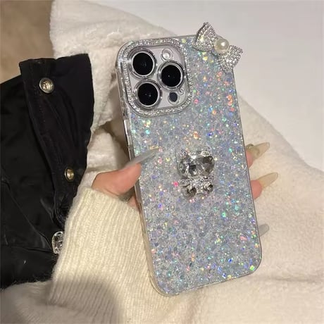 オールキラキラネコちゃんシルエットリボン付きiPhoneケース