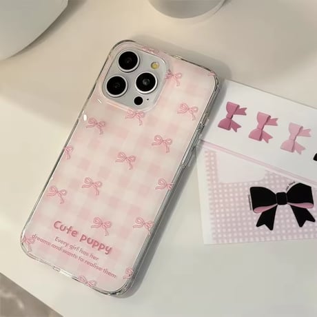 【iPhone16e対応！】ピンクチェック×リボン柄iPhoneケース