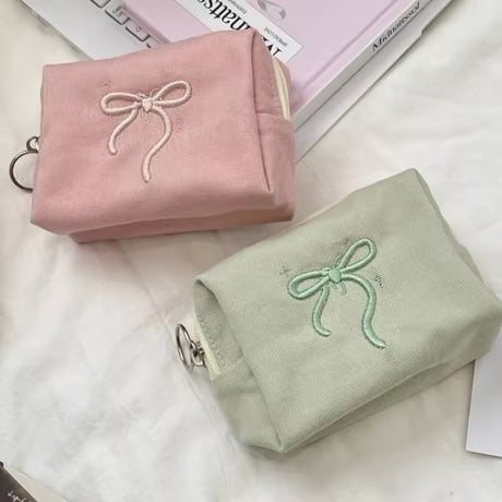 リボン刺繍シンプルポーチ