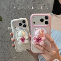 【iPhone17対応】3Dくまさんハートビジュー💗ドットiPhoneケース
