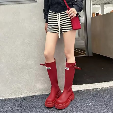 厚底フロントロゴポイントレインブーツ風ロングブーツ