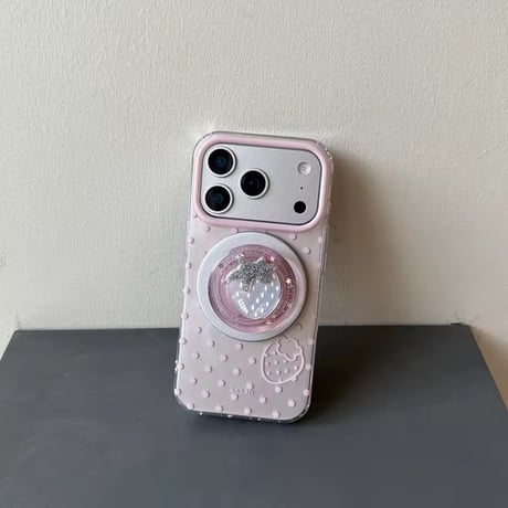 【iPhone17対応】ストロベリーミラーグリップ付きドットピンクiPhoneケース