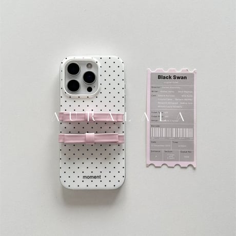 【iPhone17対応】ドットピンク3DダブルリボンiPhoneケース