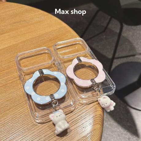 【iPhone17対応】おはな折りたたみスタンドわんちゃんチャーム付きiPhoneケース