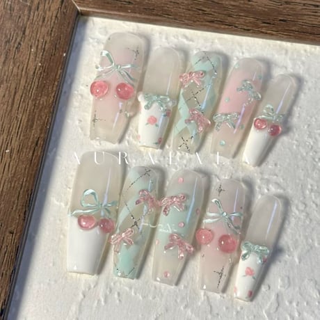 透明感🍒さくらんぼリボンネイルチップ