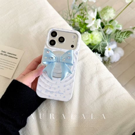 【iPhone17対応】小花柄×3DリボンMagSafe対応グリップ付きiPhoneケース