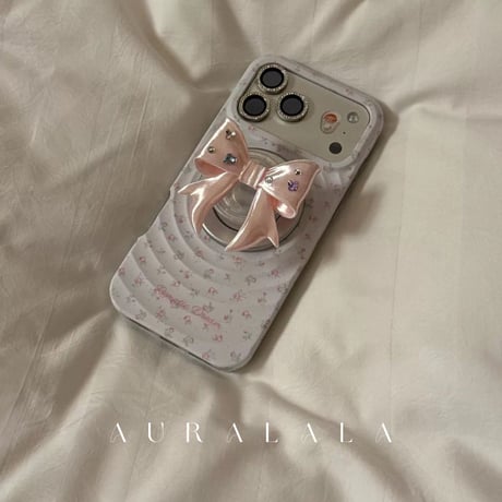 【iPhone17対応】小花柄×3DリボンMagSafe対応グリップ付きiPhoneケース