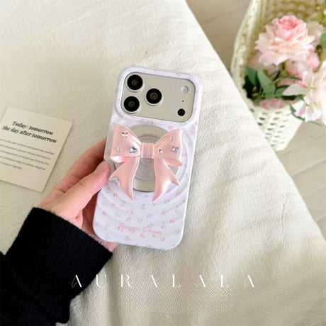 【iPhone17対応】小花柄×3DリボンMagSafe対応グリップ付きiPhoneケース