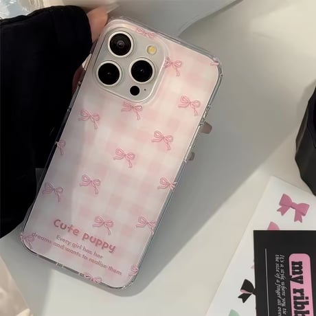【iPhone16e対応！】ピンクチェック×リボン柄iPhoneケース