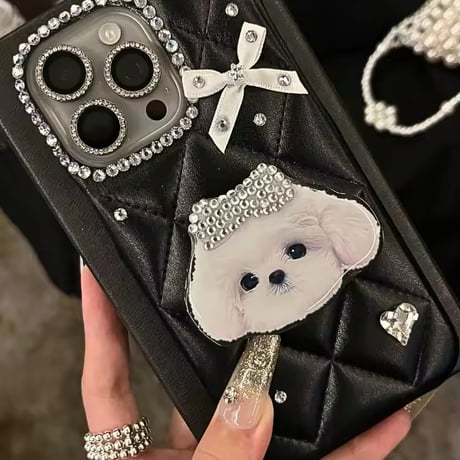 わんこワッペン付きキルティングビジューiPhoneケース
