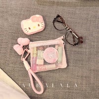 ピンクメッシュリボンチャーム付きポーチ