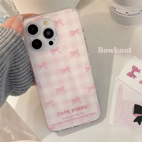 【iPhone16e対応！】ピンクチェック×リボン柄iPhoneケース
