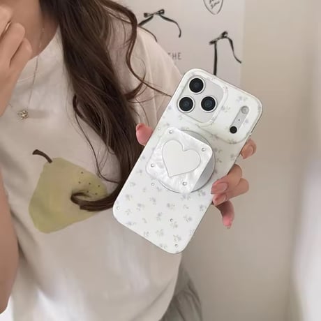 【iPhone17対応】ハートスクエアミラーグリップ付き小花柄iPhoneケース