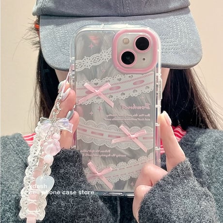 【iPhone17対応】レースリボンチャーム付きiPhoneケース