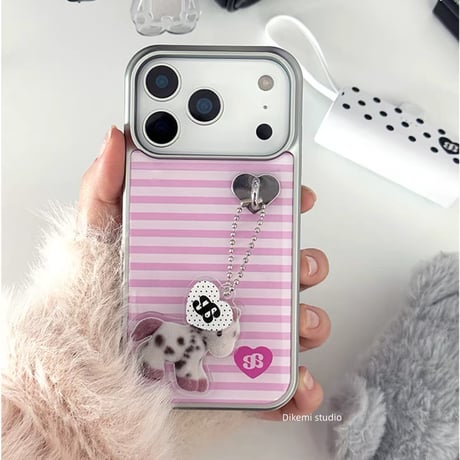【iPhone17対応】おうまさんチャームセットピンクボーダーiPhoneケース