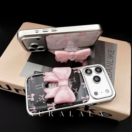 【iPhone17対応】きらきら3Dリボングリップ付きリボン尽くしiPhoneケース