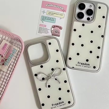 シルバーリボン付きシンプルドット柄iPhoneケース