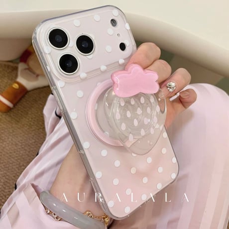 【iPhone17対応】ちゅるんいちごグリップドットピンクiPhoneケース