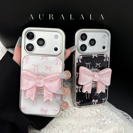 【iPhone17対応】きらきら3Dリボングリップ付きリボン尽くしiPhoneケース