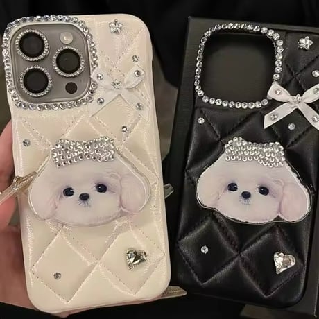 わんこワッペン付きキルティングビジューiPhoneケース