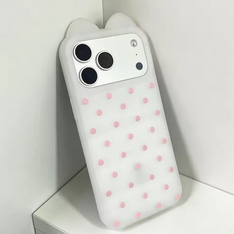 【iPhone17対応】シリコンシースルーピンクドットネコ耳iPhoneケース