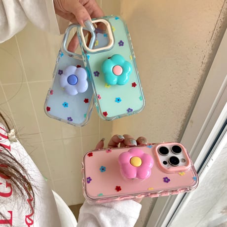 ぷくぷくお花グリップ付きドットiPhoneケース