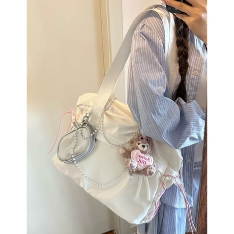レースアップボストンバッグ🎀パールチェーン&リボンポーチセット