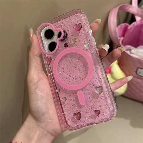 ピンクラメ×ハートビジューiPhoneケース