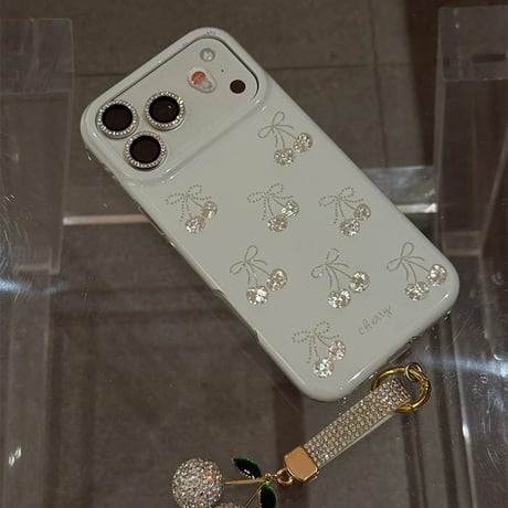 【iPhone17対応】高級感✨キラキラさくらんぼチャーム付きiPhoneケース