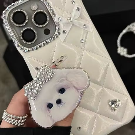 わんこワッペン付きキルティングビジューiPhoneケース