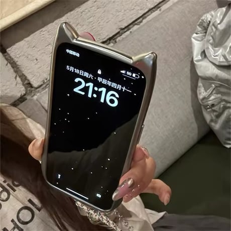 [ブラック]シルバーフレームネコ耳リボンクリアiPhoneケース
