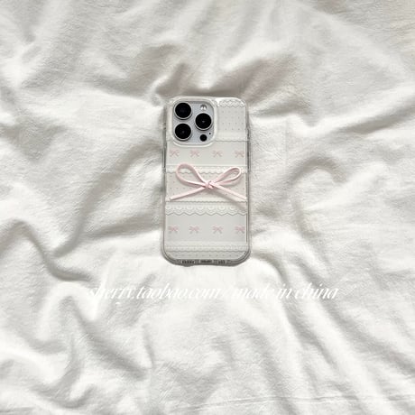 【iPhone17対応】レースデザインリアルリボンiPhoneケース