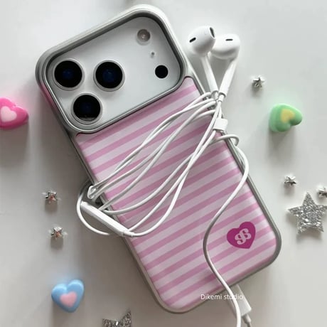 【iPhone17対応】おうまさんチャームセットピンクボーダーiPhoneケース