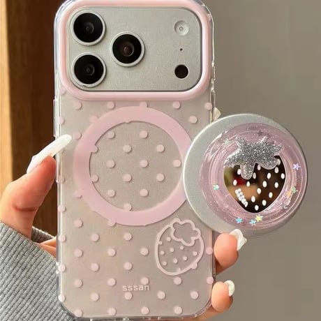 【iPhone17対応】ストロベリーミラーグリップ付きドットピンクiPhoneケース