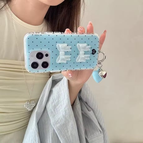 ハートチャーム付きダブル3DリボンiPhoneケース