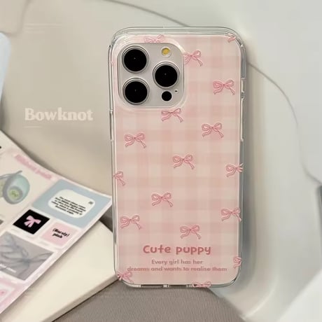 【iPhone16e対応！】ピンクチェック×リボン柄iPhoneケース