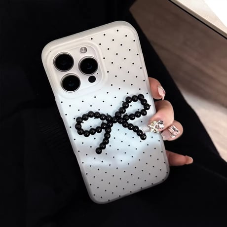 ビーズリボン付きドットiPhoneケース